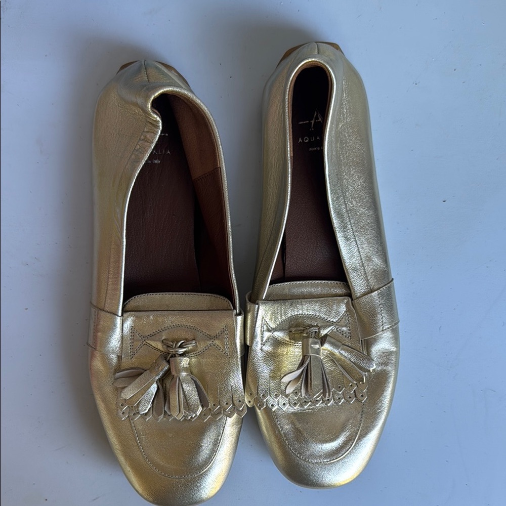Aquatalia Gold Metallic Flats with Tassel Detail